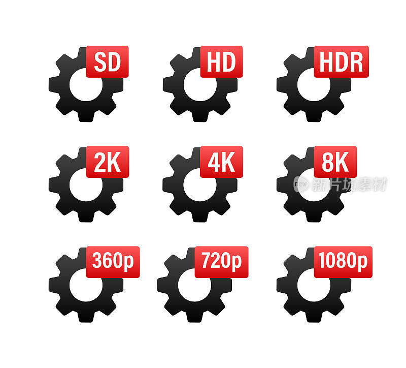 视频分辨率标签。360 720p 1080p 2k 4k 6k 8k HDR。